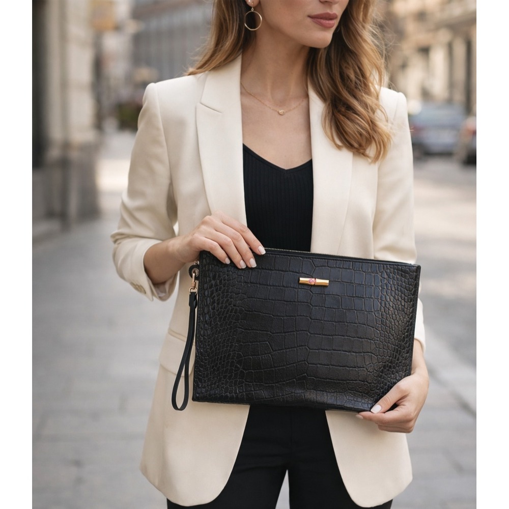 Longchamp Roseau Black Embossed Leather Croc Clutch Strap Quiet Luxury Paris